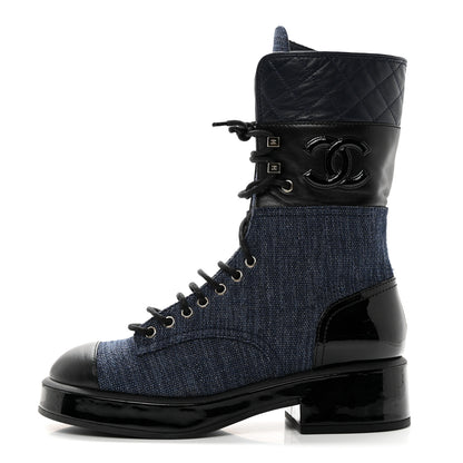 Chanel Denim Patent Lambskin Quilted CC Lace Up Combat Boots 38 Blue Black 1 of 9