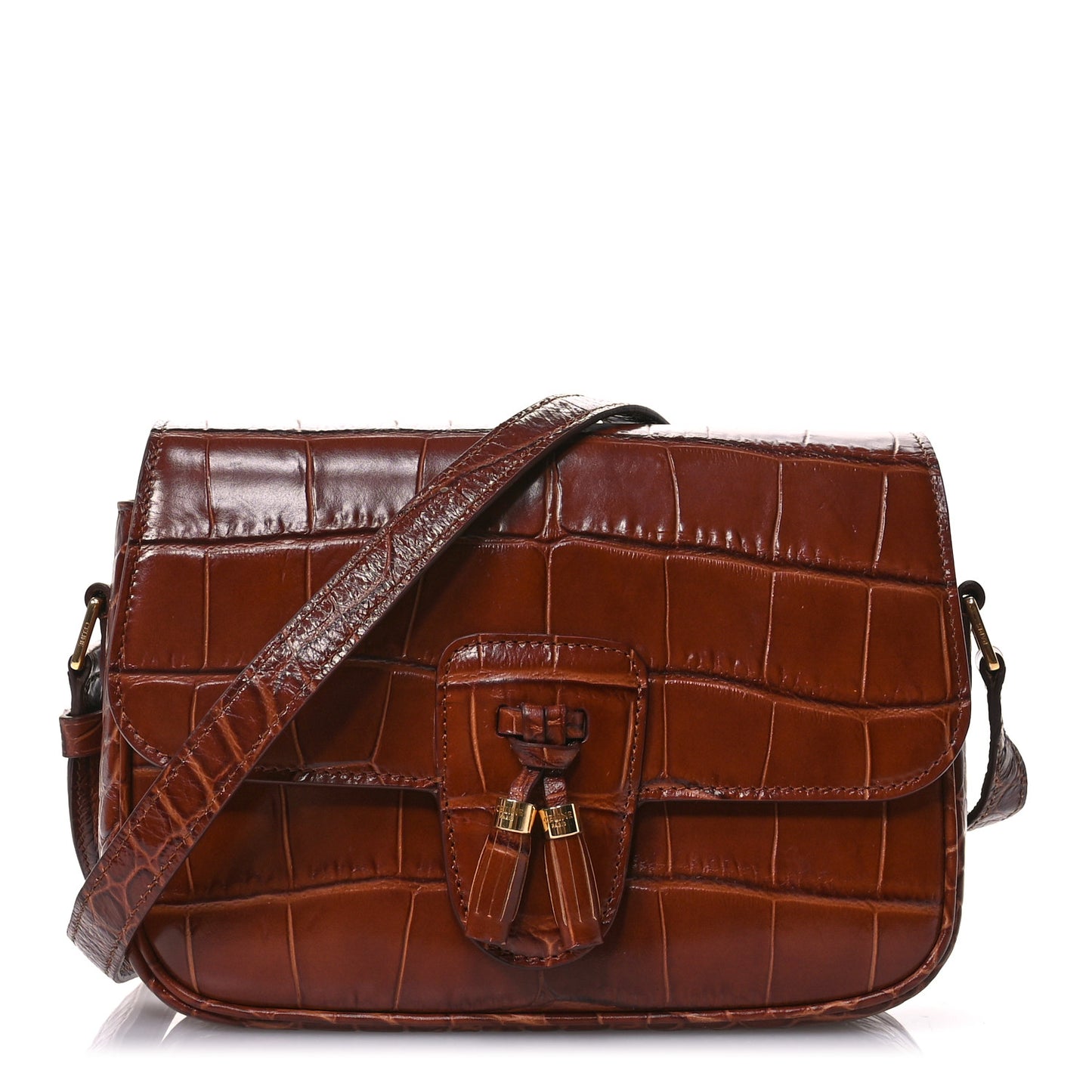 Calfskin Crocodile Embossed Medium Tassel Bag Tan