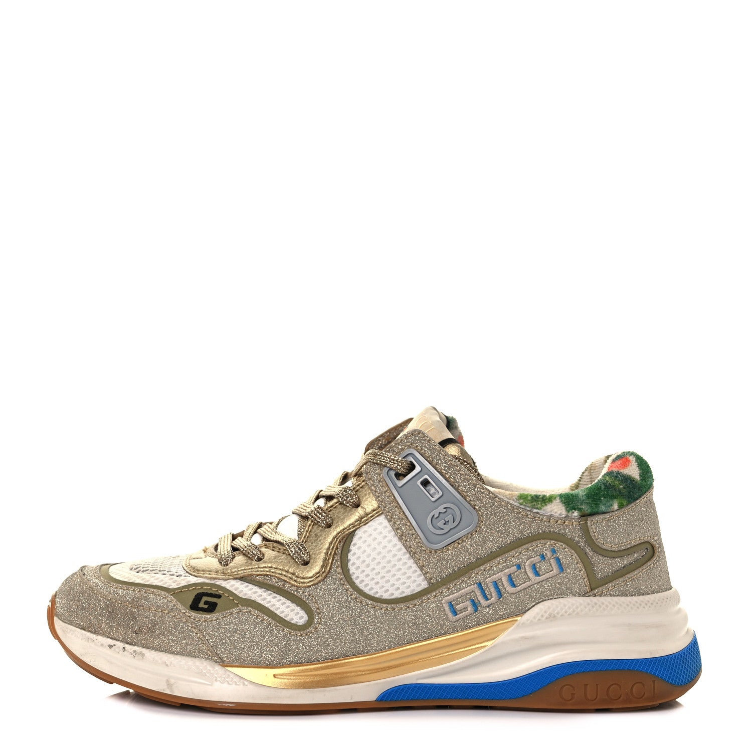 Gucci Metallic Calfskin Glitter Mesh Womens Ultrapace Sneakers 37.5 Gold 1 of 8