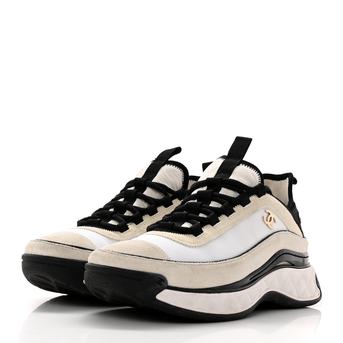 Fabric Suede Calfskin CC Sneakers 38.5 White Light Grey