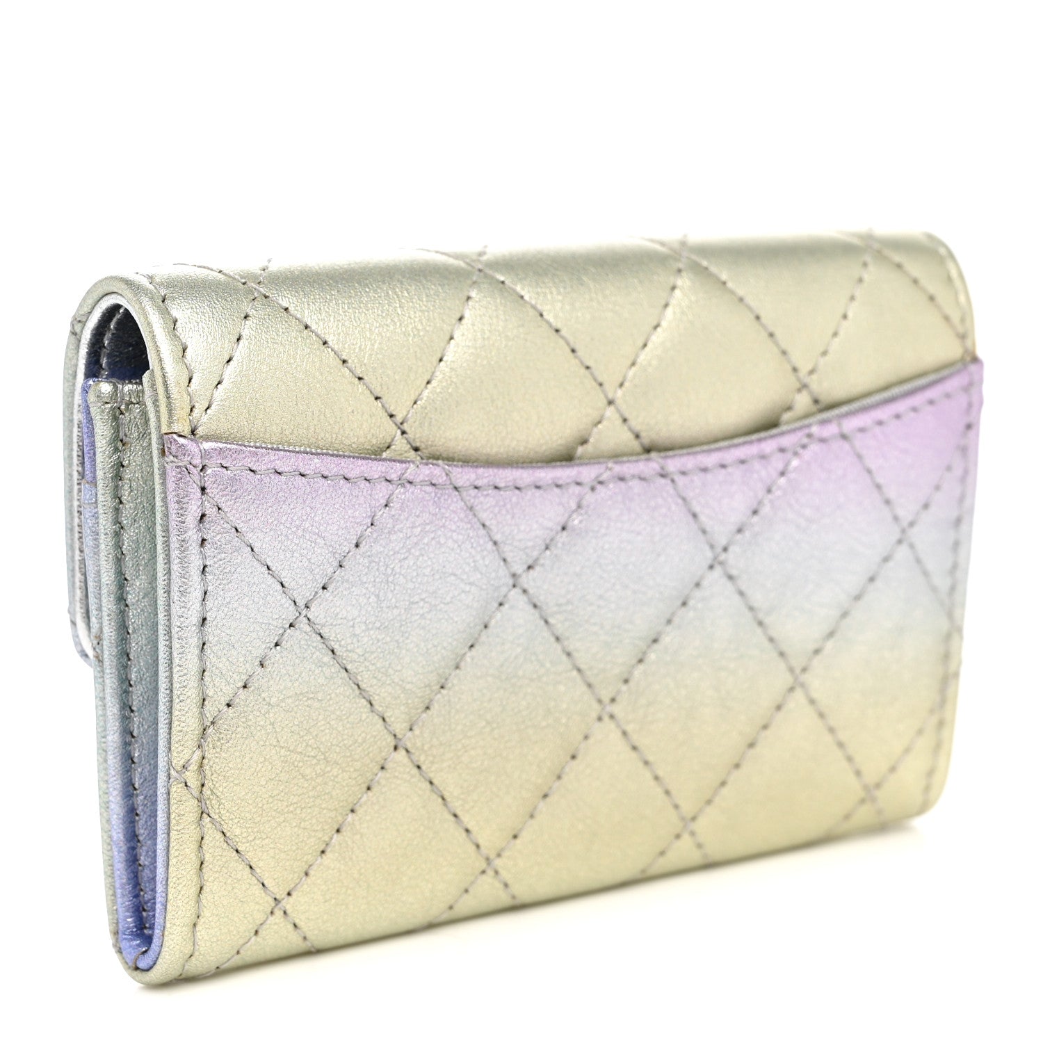 Chanel Gradient Metallic Calfskin Quilted Flap Card Holder Wallet Silver Blue Yellow Purple 3 of 9
