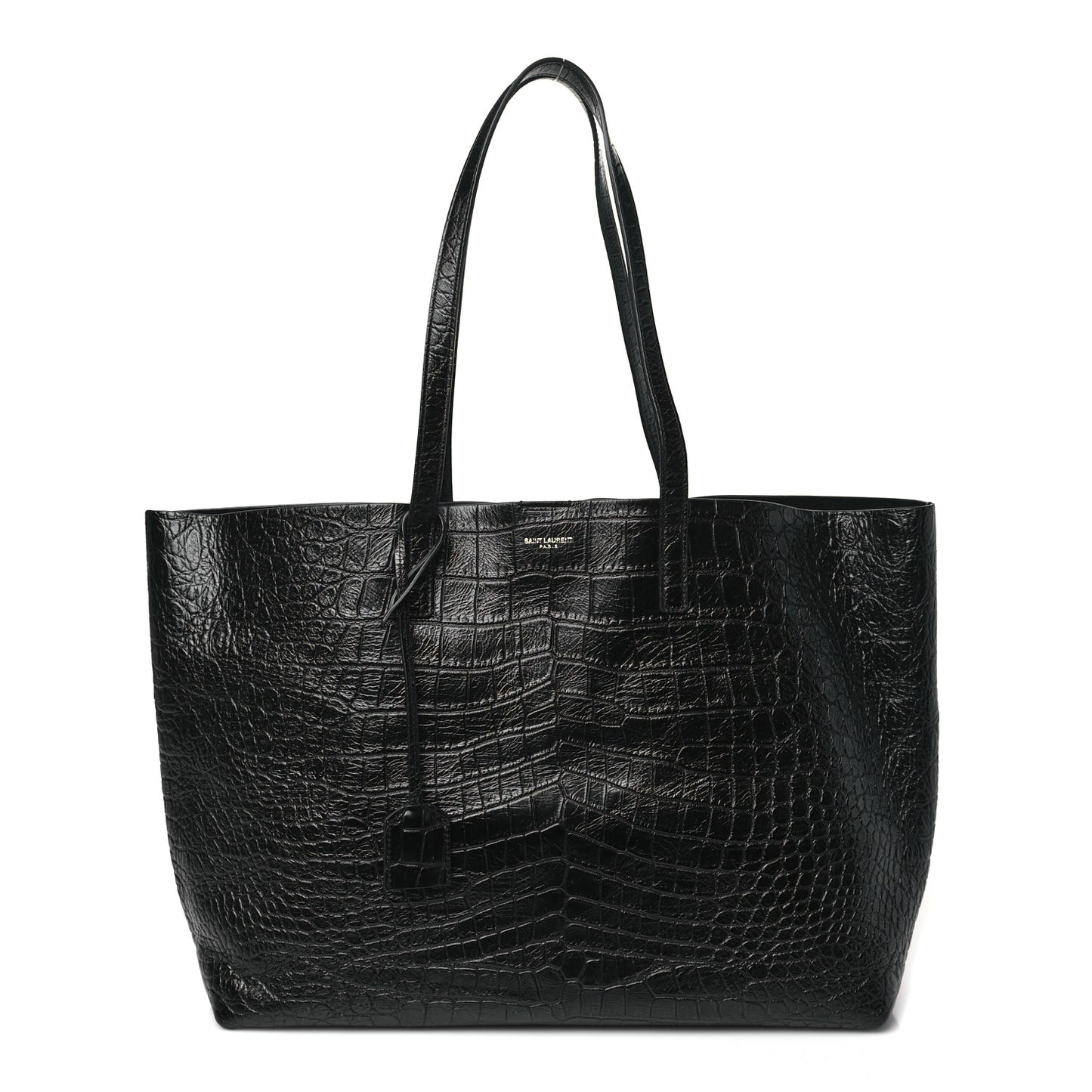 Calfskin Crocodile Embossed Large Shopper Tote Black