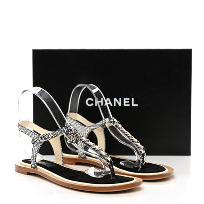 Chanel Fantasy Goatskin Suede CC Chain Thong Sandals 39 Silver Ivory 9 of 9