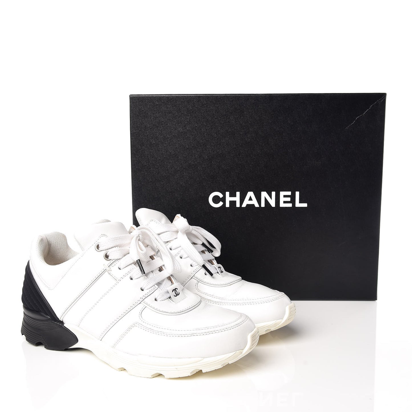 Calfskin Laminated Womens CC Sneakers 38 White Black