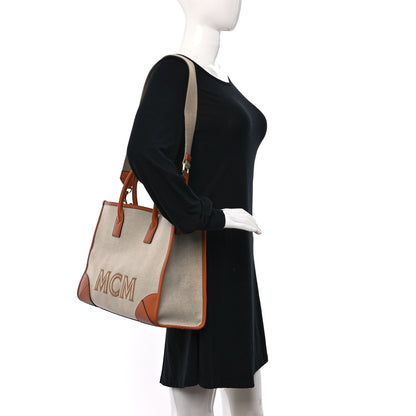 MCM Calfskin Linen Large Munchen Tote Cognac 2 of 12