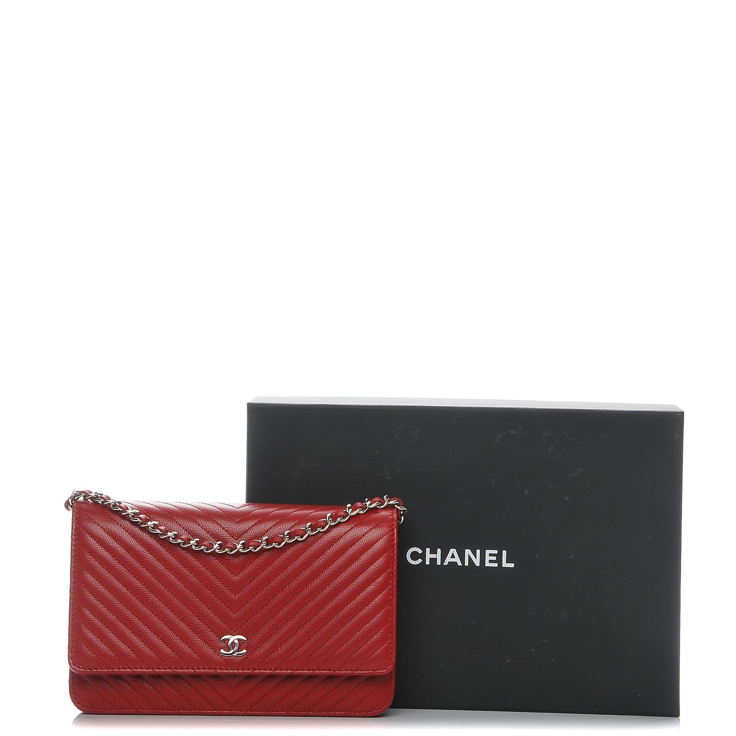 Chanel Caviar Chevron Quilted Wallet On Chain WOC Red 9 of 9