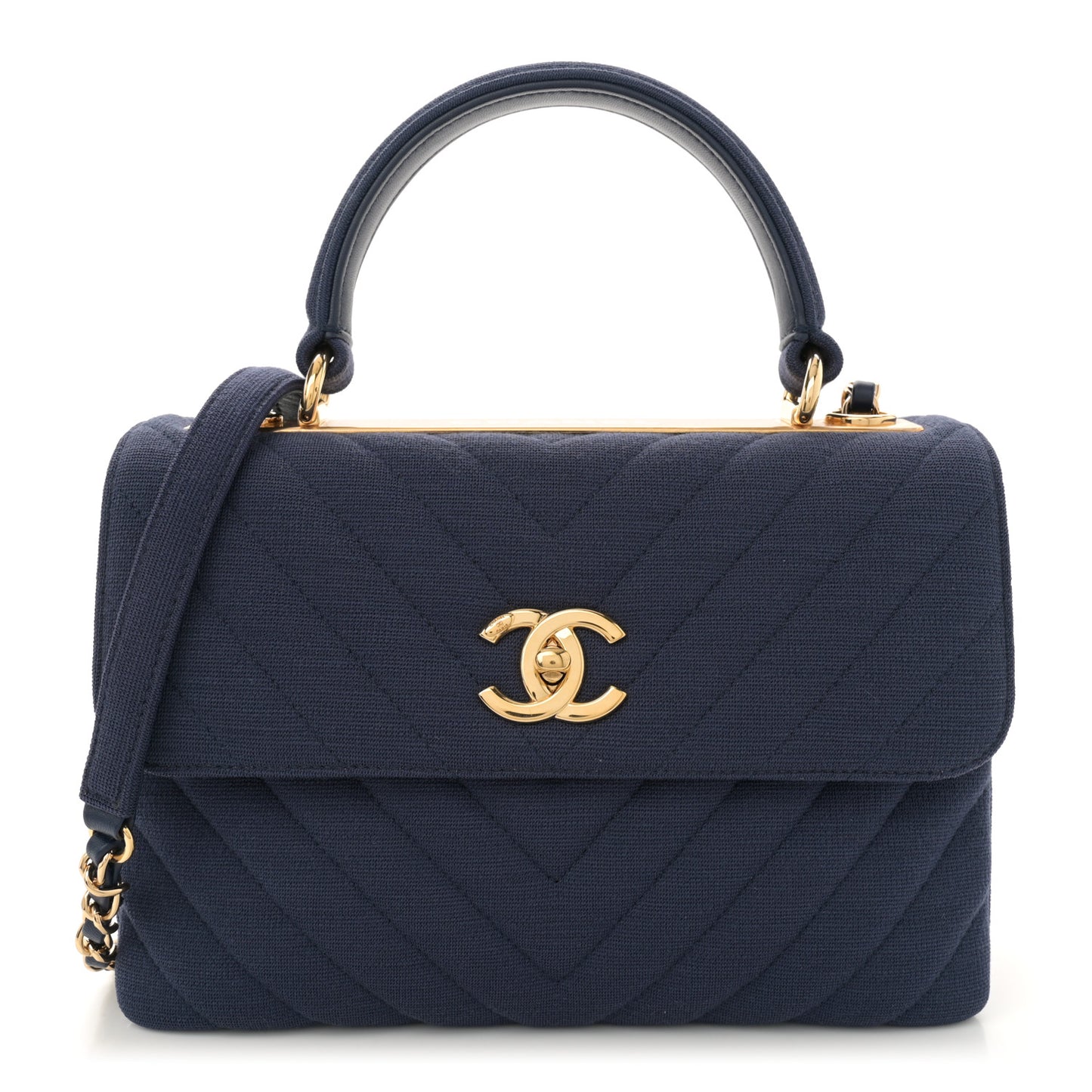 Jersey Chevron Quilted Small Trendy CC Dual Handle Flap Bag Navy Blue