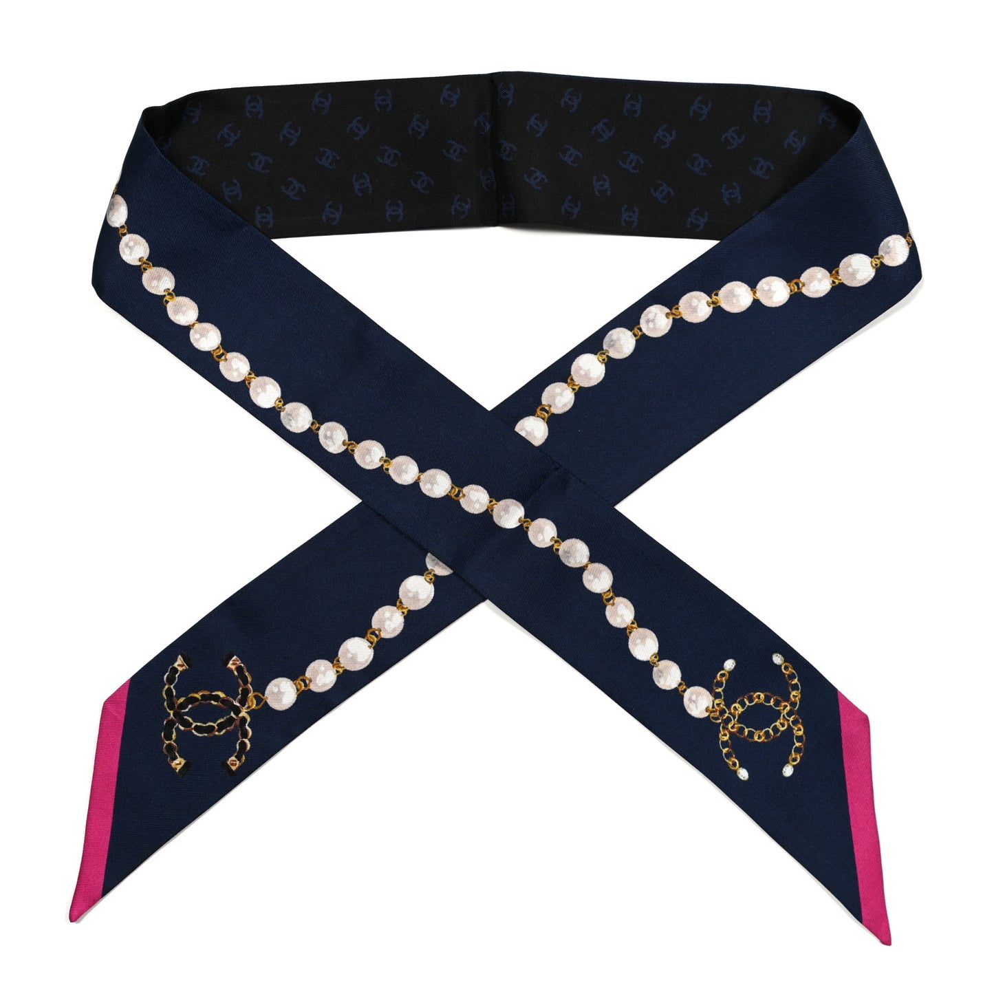 Silk Pearl CC Chain Slim Bandeau Scarf Navy Pink