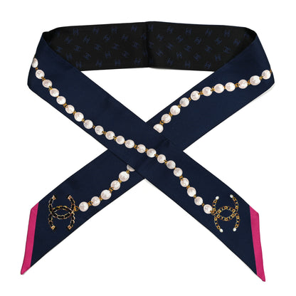 Chanel Silk Pearl CC Chain Slim Bandeau Scarf Navy Pink 1 of 3