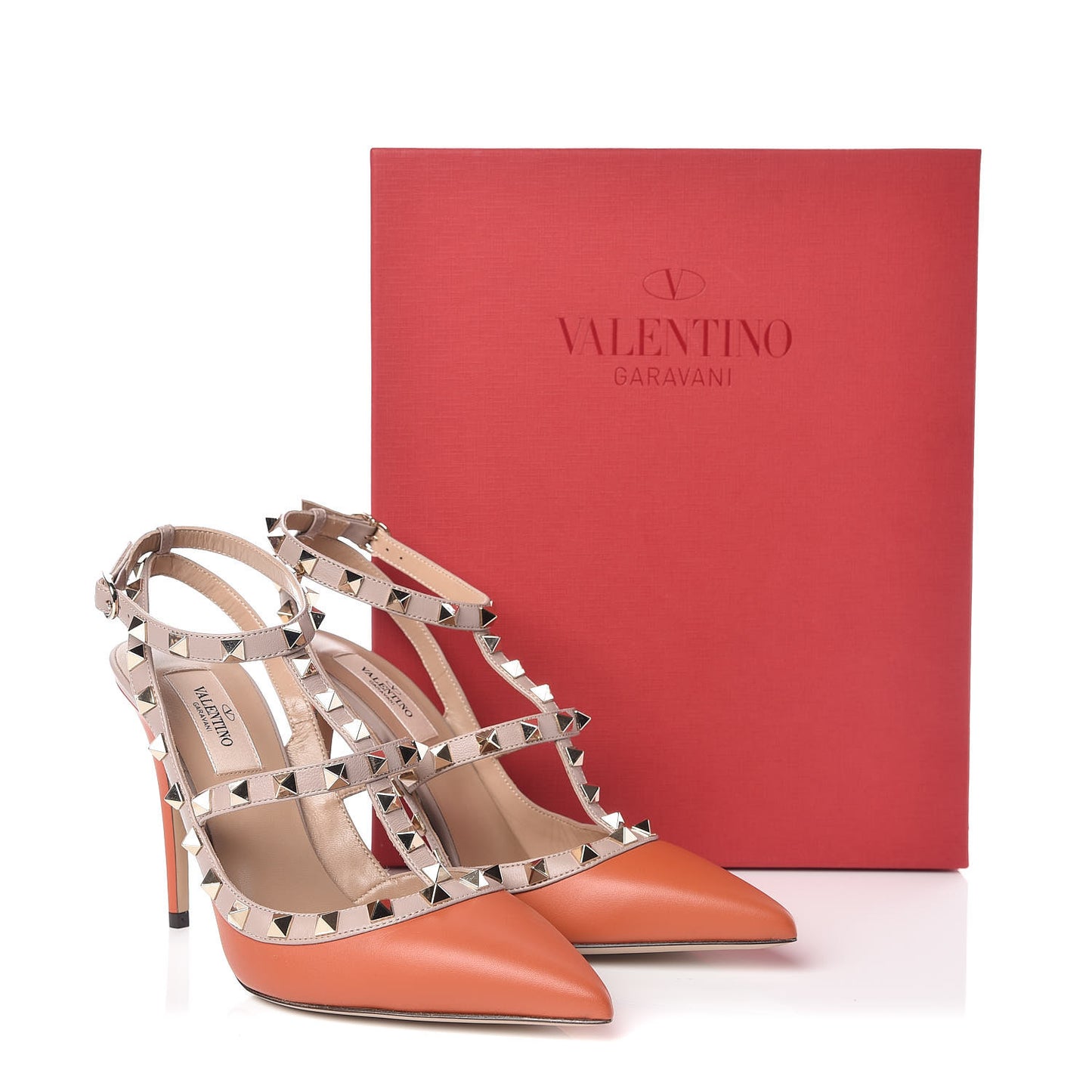Calfskin Nappa Rockstud Ankle Strap 100mm Pumps 38 Orange Poudre