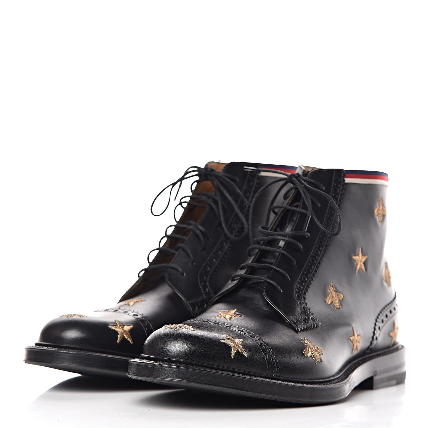 Calfskin Sylvie Web Bee Star Embroidered Mens Brogue Captoe Boots 7 Black