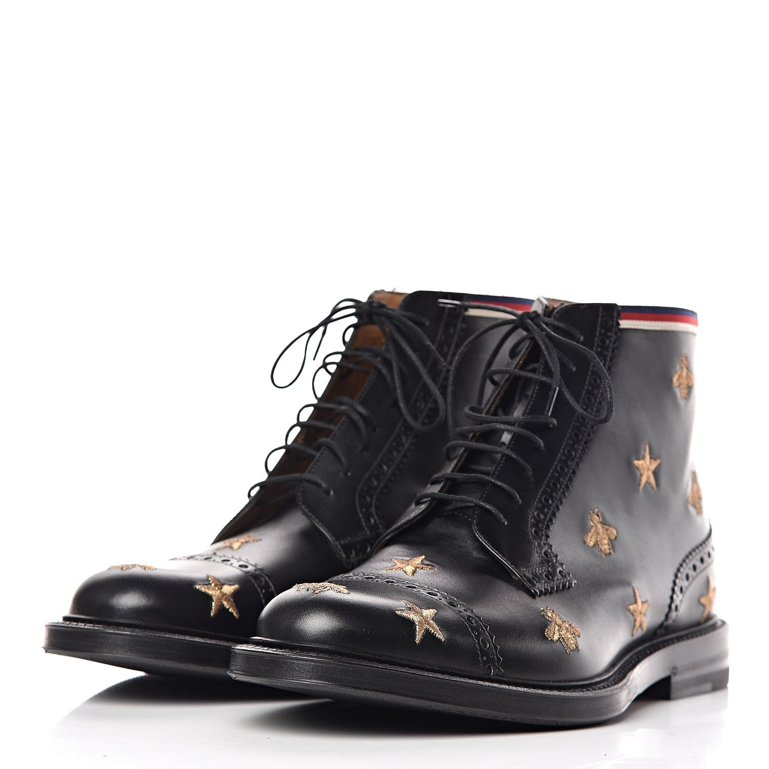Gucci Calfskin Sylvie Web Bee Star Embroidered Mens Brogue Captoe Boots 7 Black 3 of 13