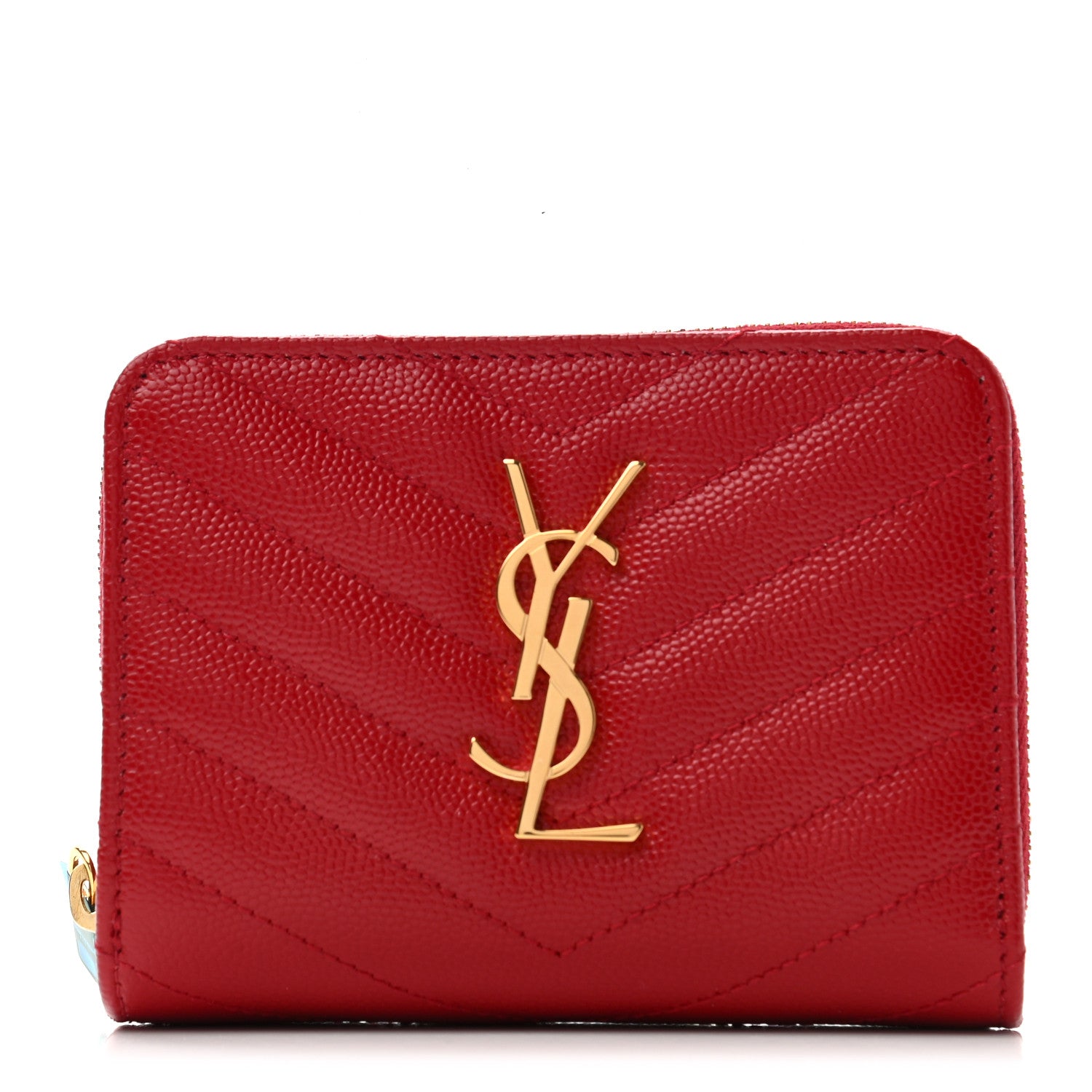 Saint Laurent Grain De Poudre Matelasse Chevron Monogram Compact Zip Around Wallet Red 1 of 7