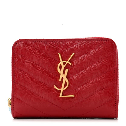 Saint Laurent Grain De Poudre Matelasse Chevron Monogram Compact Zip Around Wallet Red 1 of 7
