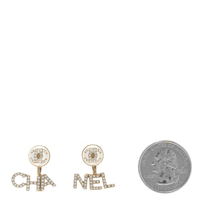 Chanel Pearl Crystal Logo Earrings Gold Pearly White 2 of 4