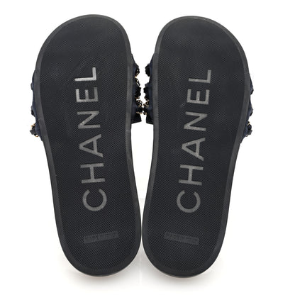 Chanel Satin Canvas Chain Slides Sandals Flats 39 Marine 5 of 8