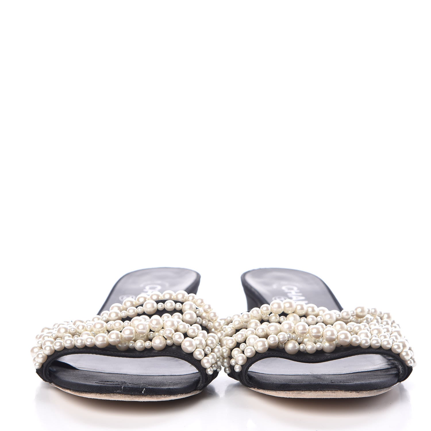 Chanel Satin Pearl Flat Sandals 38.5 Black 2 of 12