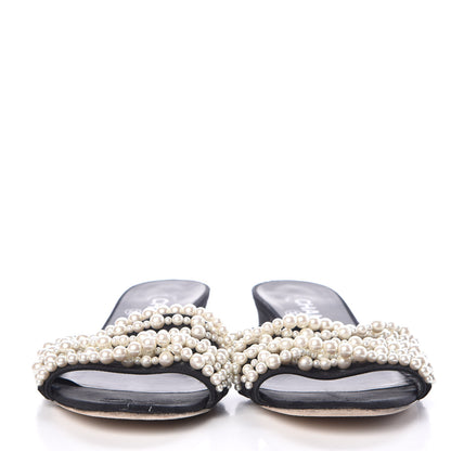 Chanel Satin Pearl Flat Sandals 38.5 Black 2 of 12