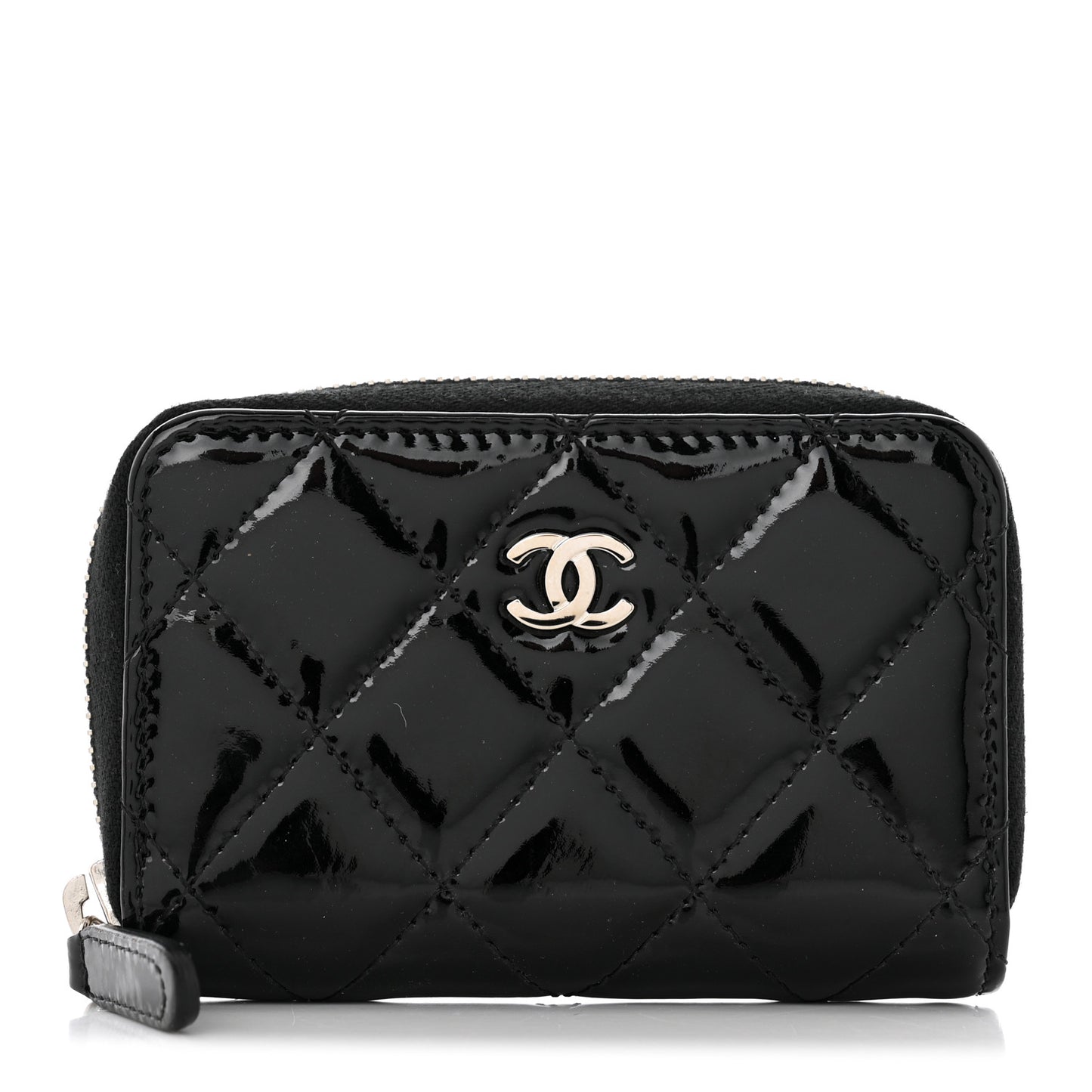 Patent Calfskin Quilted Zip Coin Purse Black