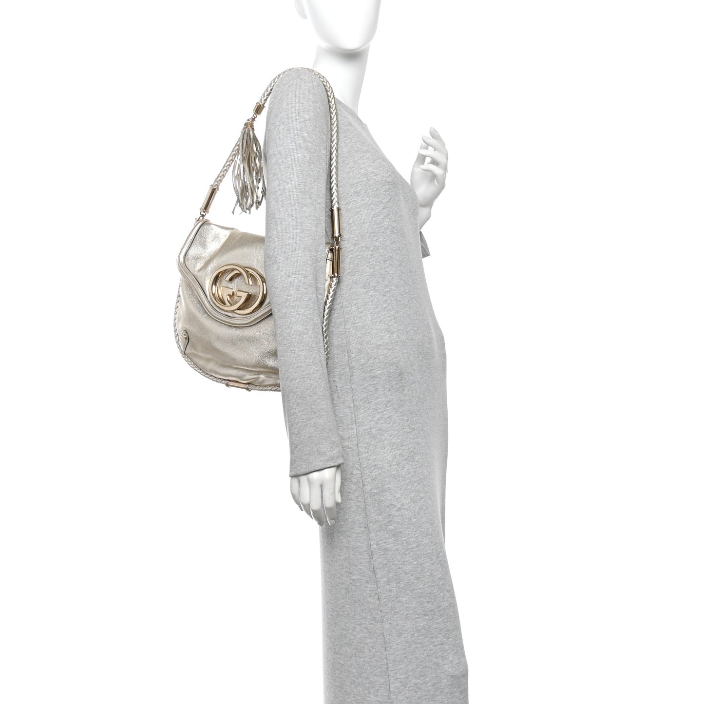 Metallic Calfskin Medium Britt Tassel Shoulder Bag Platinum