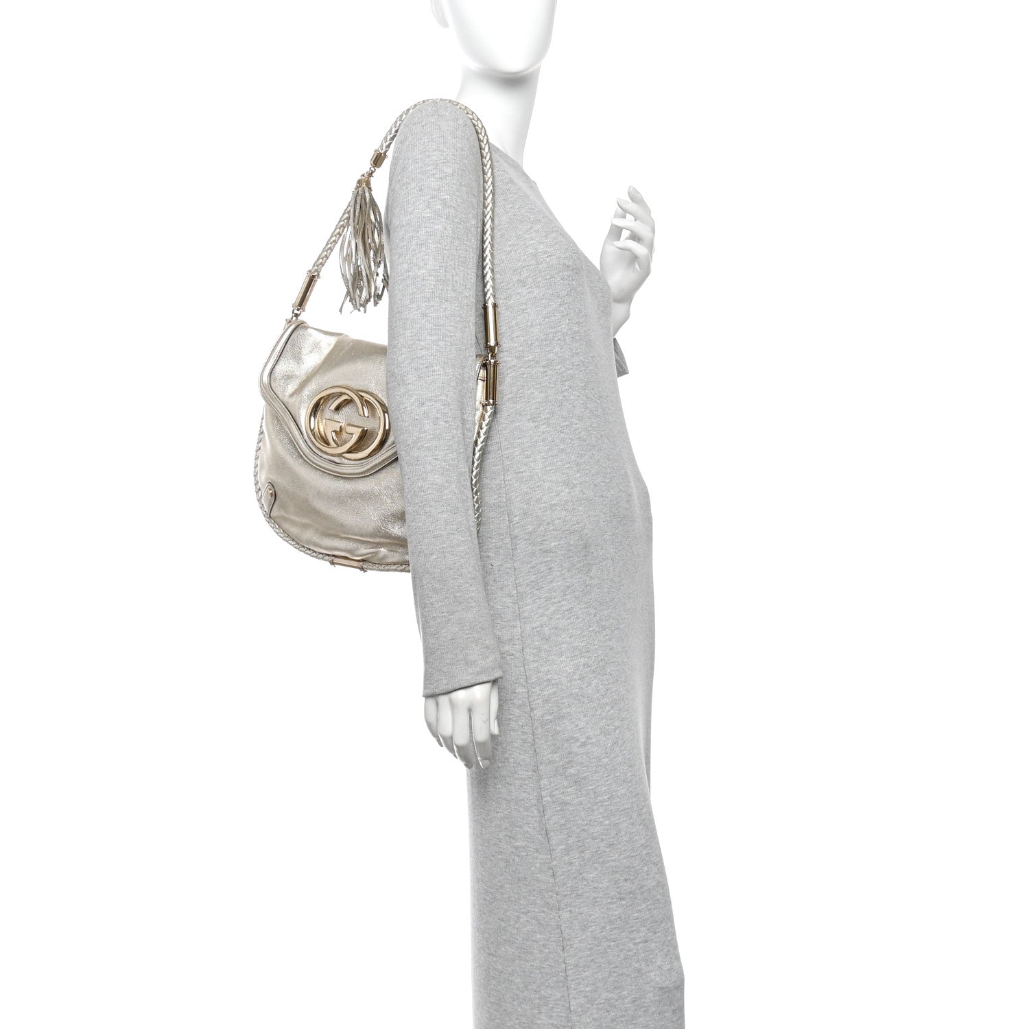 Gucci Metallic Calfskin Medium Britt Tassel Shoulder Bag Platinum 2 of 11