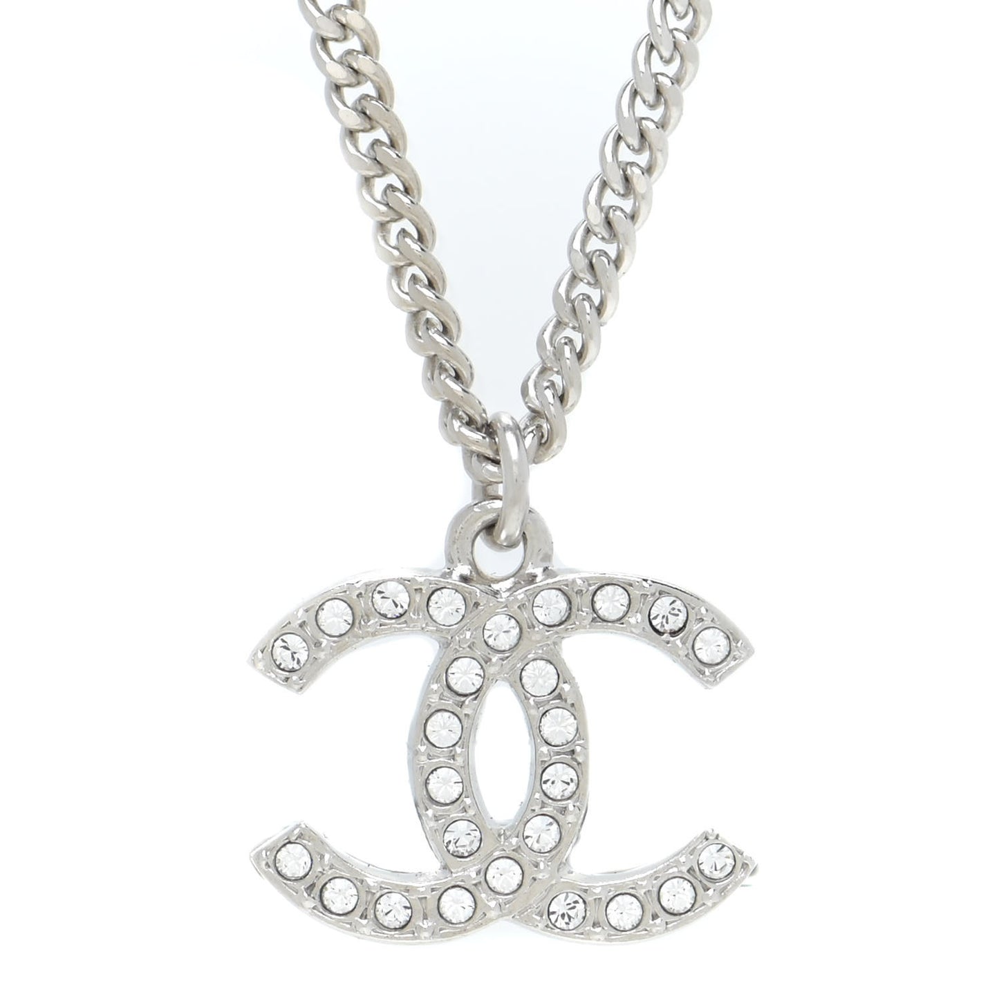 Crystal Pearl CC Pendant Necklace Silver