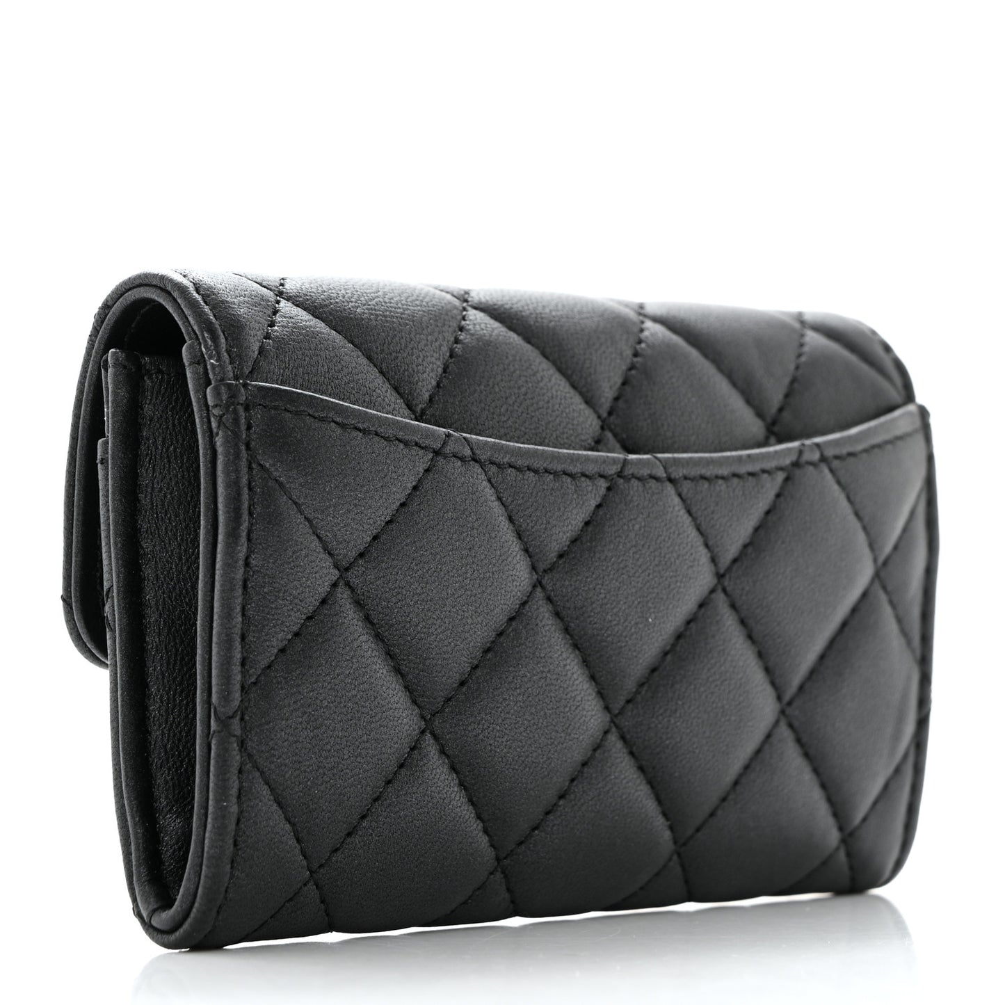Pearly Lambskin Quilted Flap Card Holder Wallet So Black