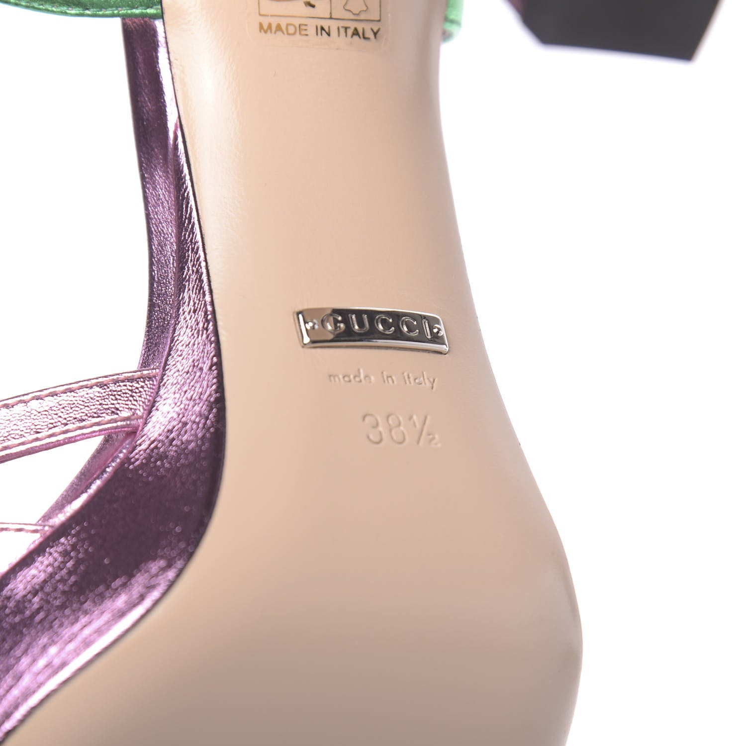Gucci Metallic Nappa Crystal Zephyra Slingback Platform High Heel Sandals 38.5 Rosa Jasmine Green 7 of 8