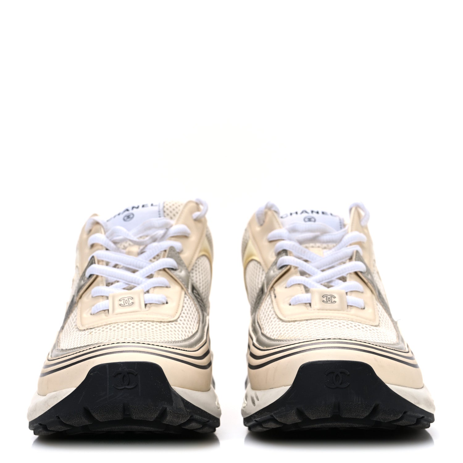 Chanel Fabric Laminated Calfskin Stretch CC Sneakers 41 Ivory White Silver 3 of 13