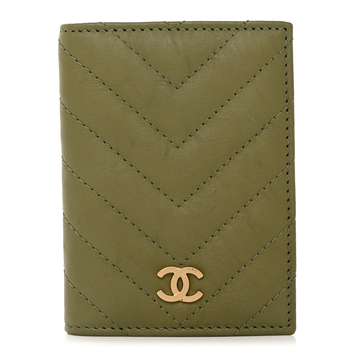 Lambskin Chevron Quilted Card Holder Wallet Dark Green
