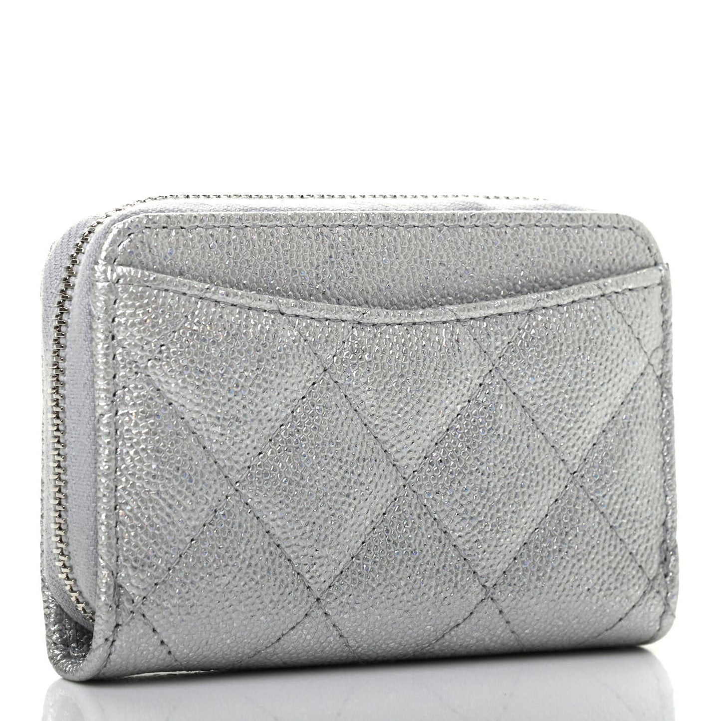 Glittered Metallic Caviar Quilted Zip Coin Purse Wallet Silver