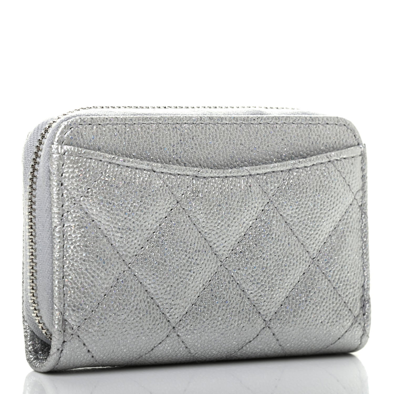 Chanel Glittered Metallic Caviar Quilted Zip Coin Purse Wallet Silver 3 of 7