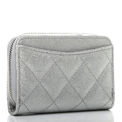 Chanel Glittered Metallic Caviar Quilted Zip Coin Purse Wallet Silver 3 of 7