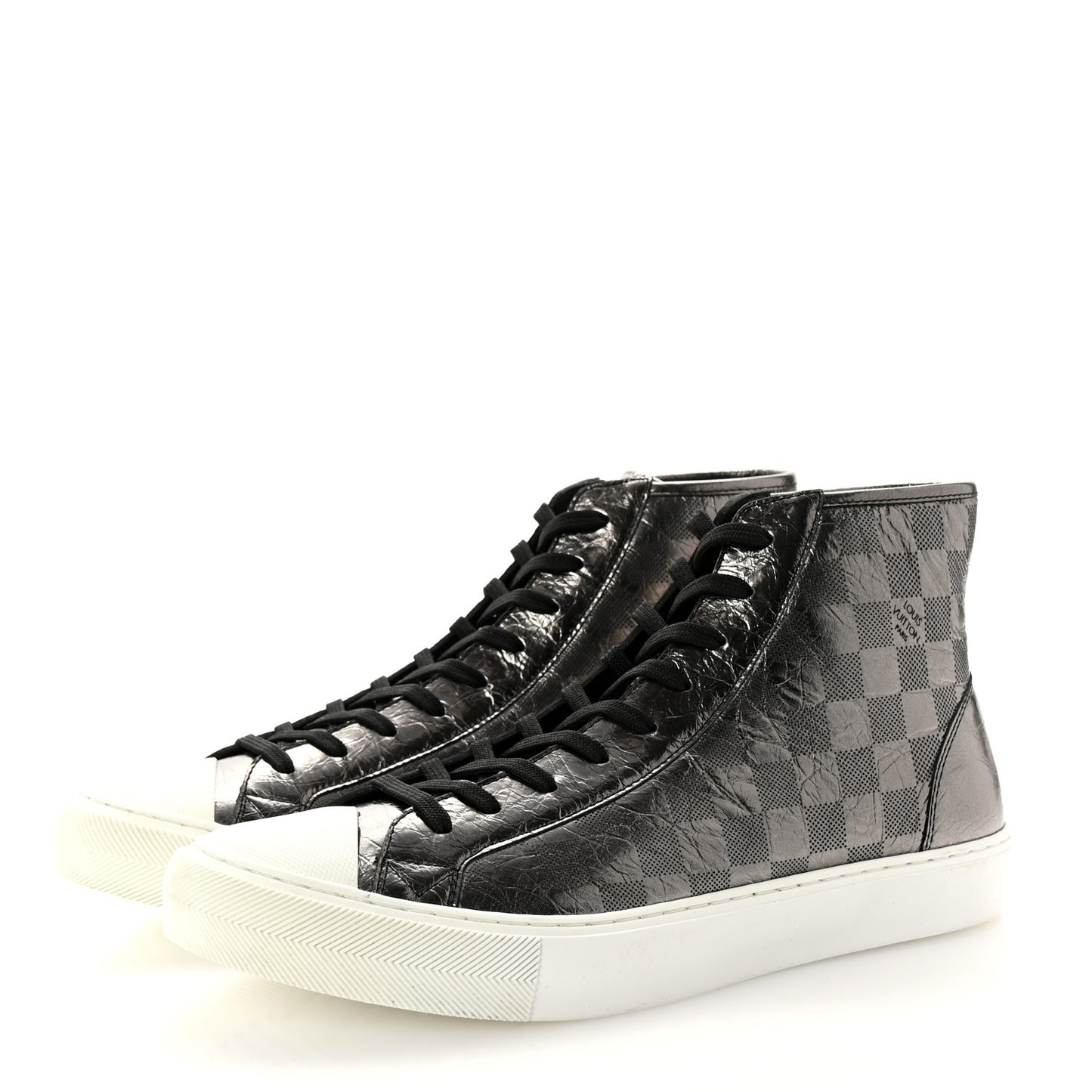 Metallic Patent Calfskin Embossed Damier Mens High Top Sneakers 8.5 Grey