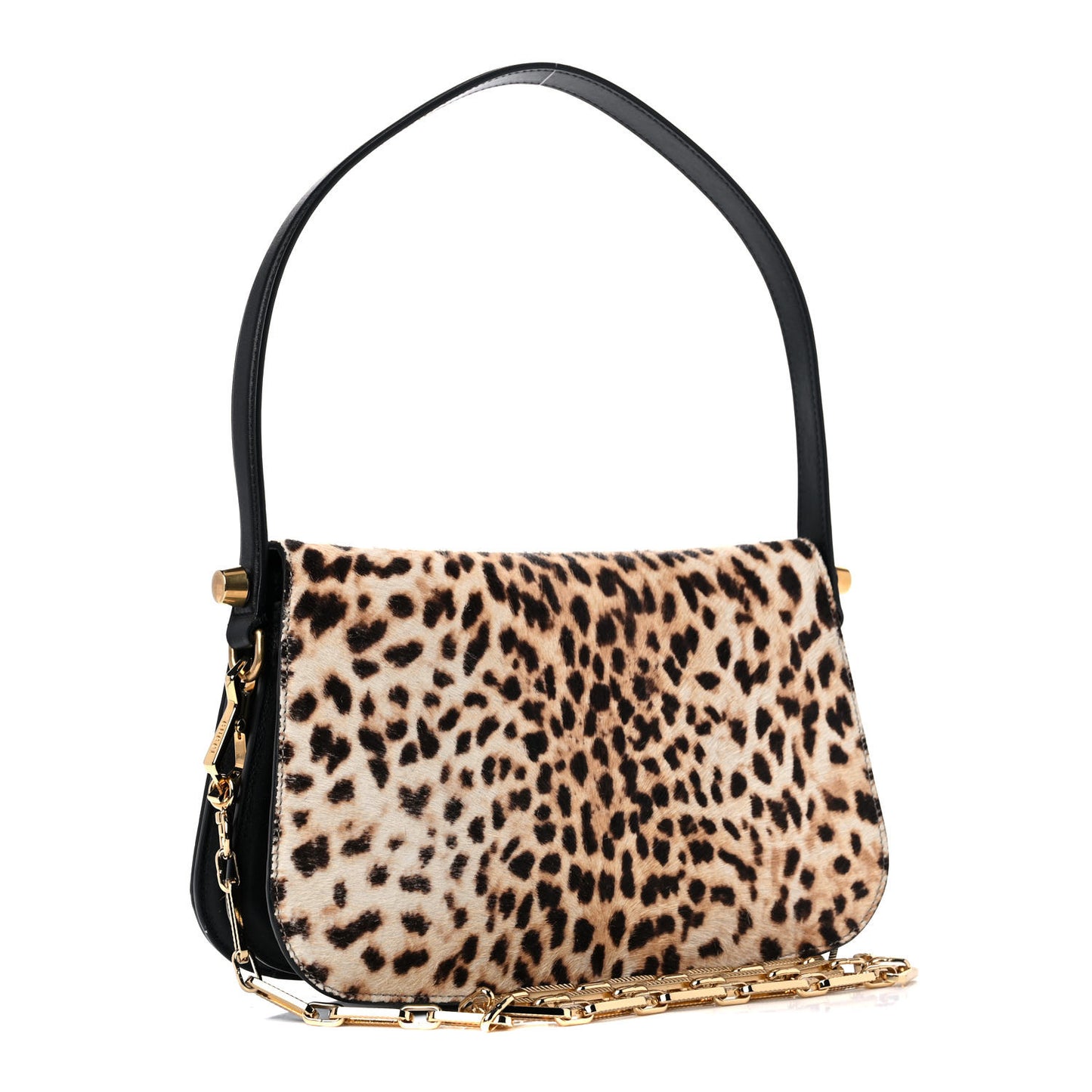 Calf Hair Leopard Print Shoulder Bag Black