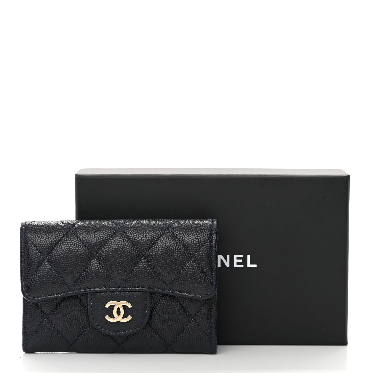 Caviar Quilted Flap Card Holder Wallet Navy Blue