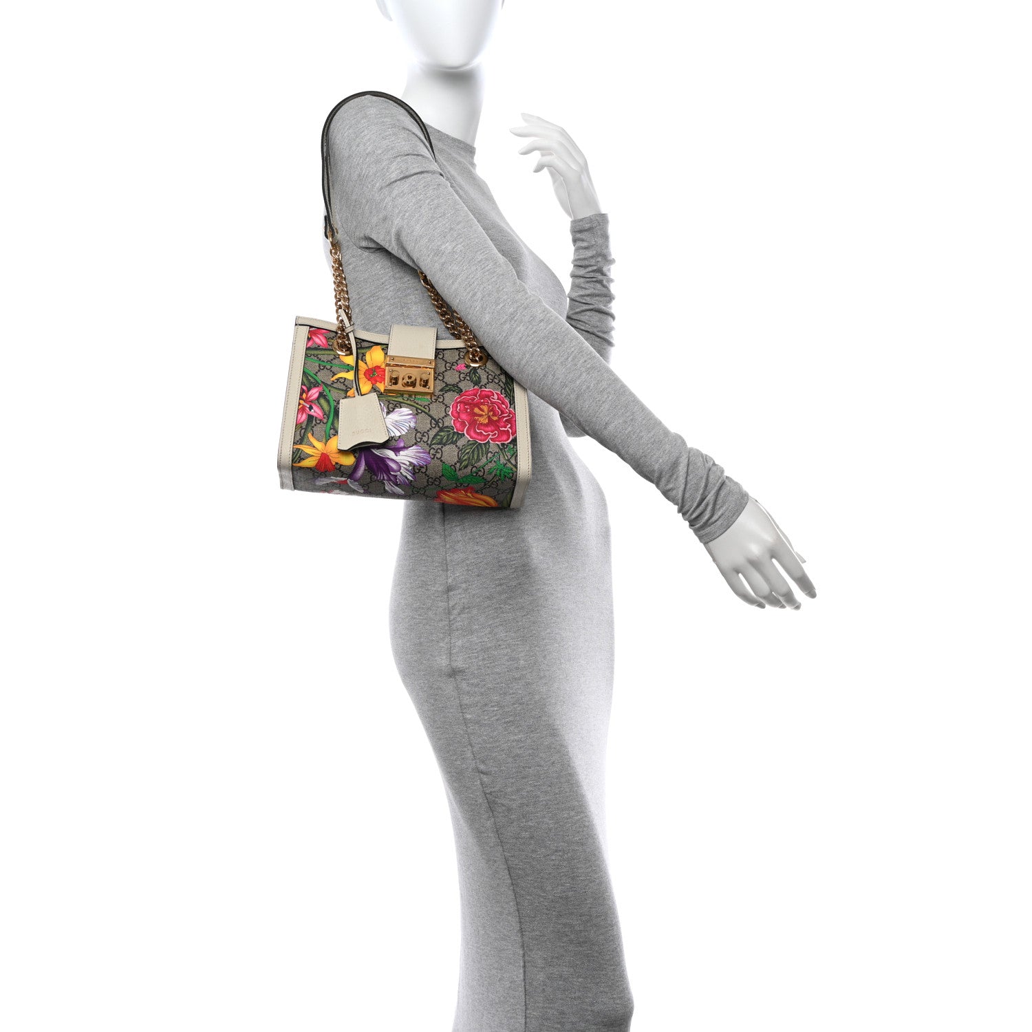 Gucci GG Supreme Monogram Flora Textured Calfskin Small Padlock Tote Beige Ebony Multicolor Mystic White 2 of 12