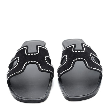 Hermes Suede Goatskin Crystal Embellished Oran Sandals 38 Black 3 of 9