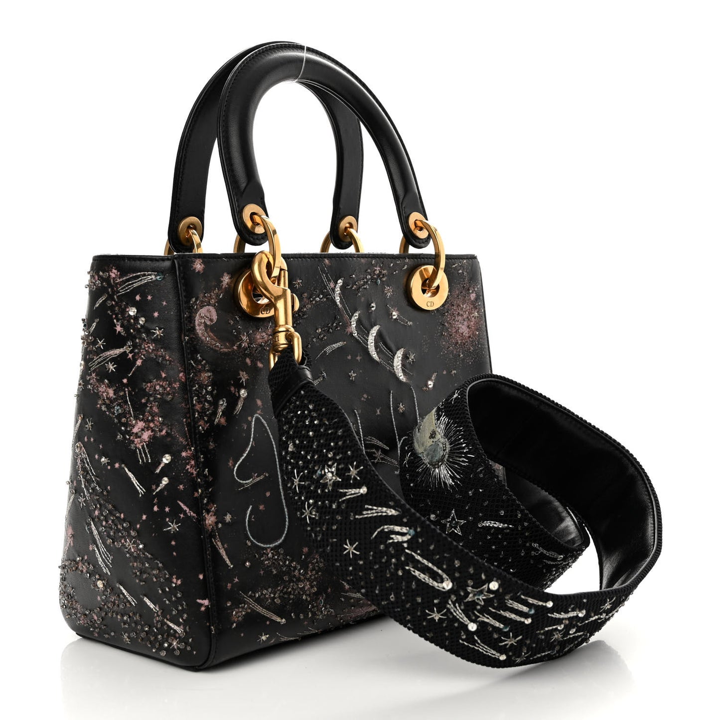 Lambskin Embroidered Medium C'est I Feel Blue Lady Dior Black