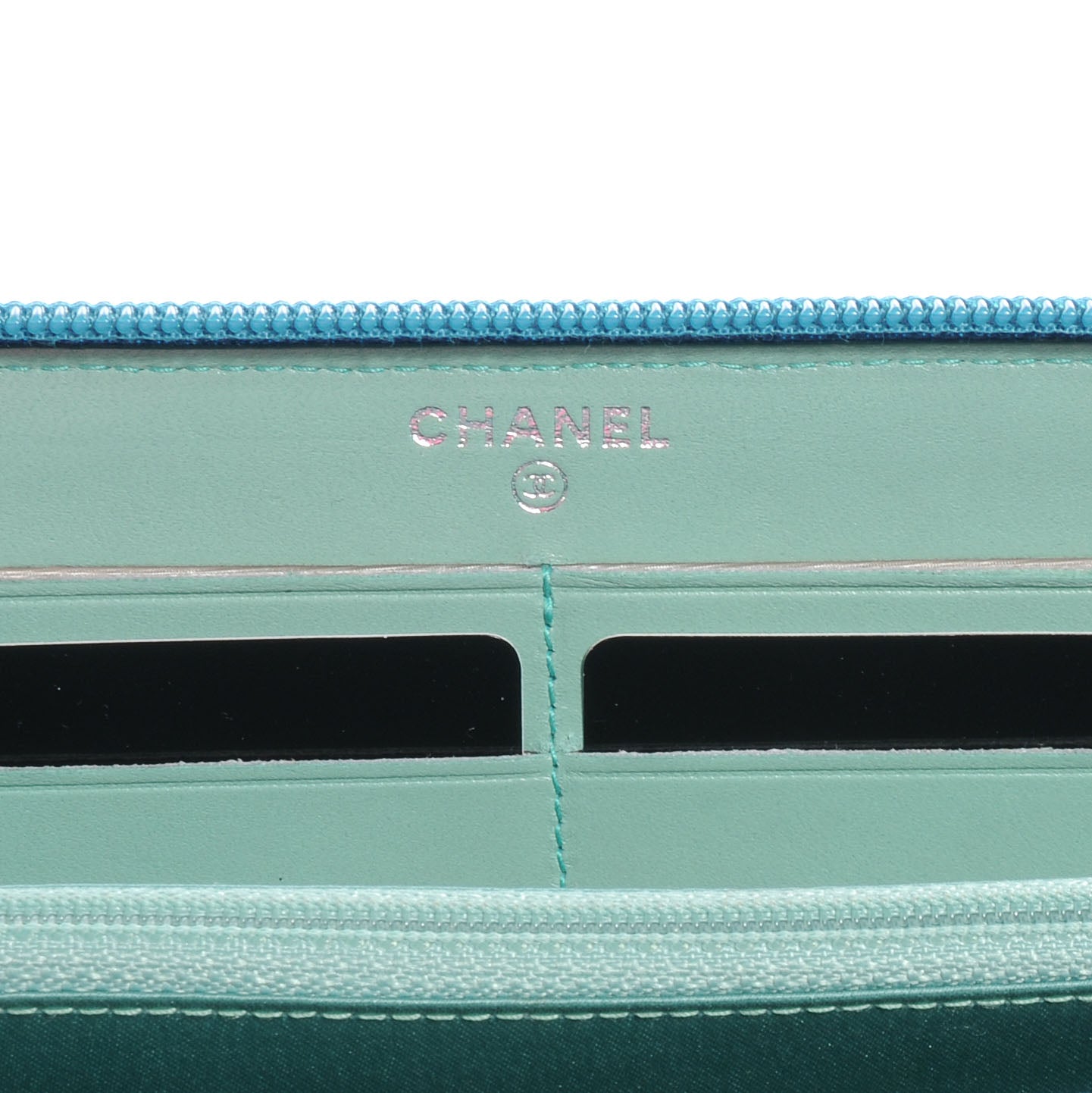 Chanel Lambskin Camellia Embossed Large Zip Wallet Turquoise 7 of 9