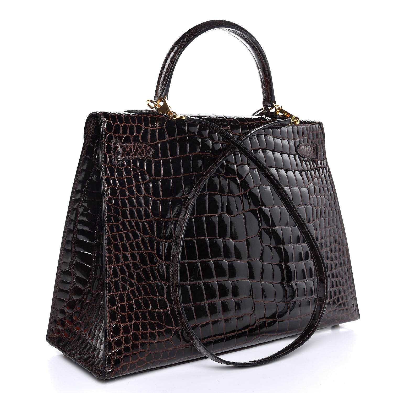 Hermes Shiny Porosus Crocodile Kelly Sellier 35 Havane 4 of 37