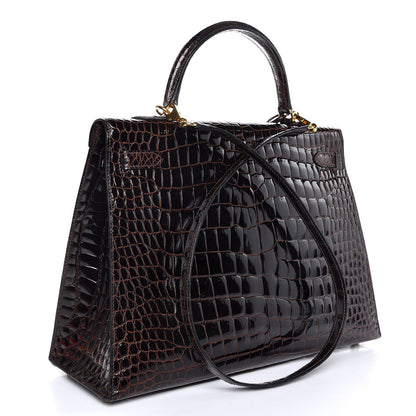 Hermes Shiny Porosus Crocodile Kelly Sellier 35 Havane 4 of 37