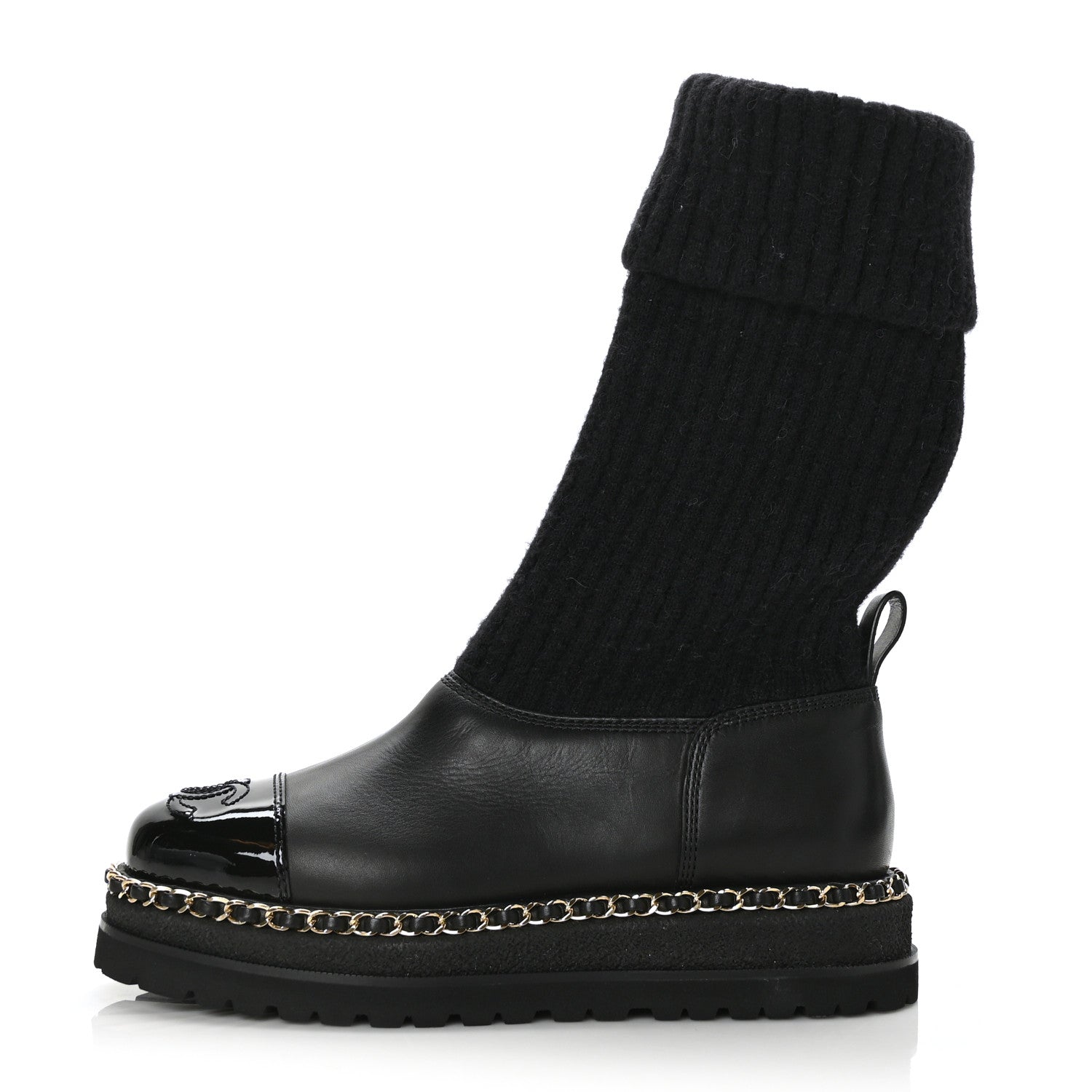 Chanel Knit Calfskin Patent CC Cap Toe Chain Boots 38 Black 1 of 6