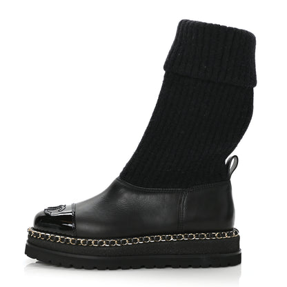 Chanel Knit Calfskin Patent CC Cap Toe Chain Boots 38 Black 1 of 6
