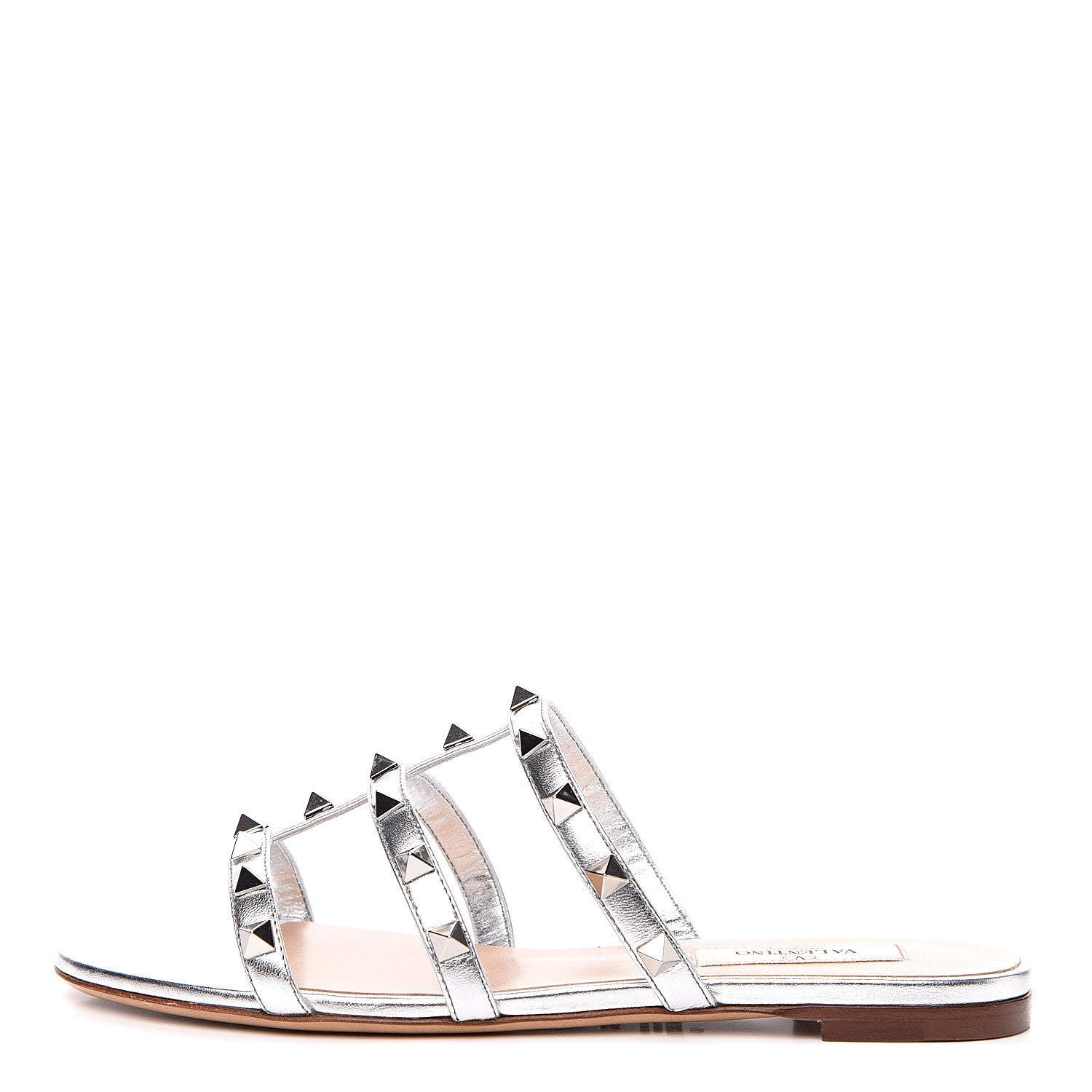 Valentino Garavani Metallic Nappa Rockstud Caged Flat Slide Sandals 35.5 Silver 1 of 9