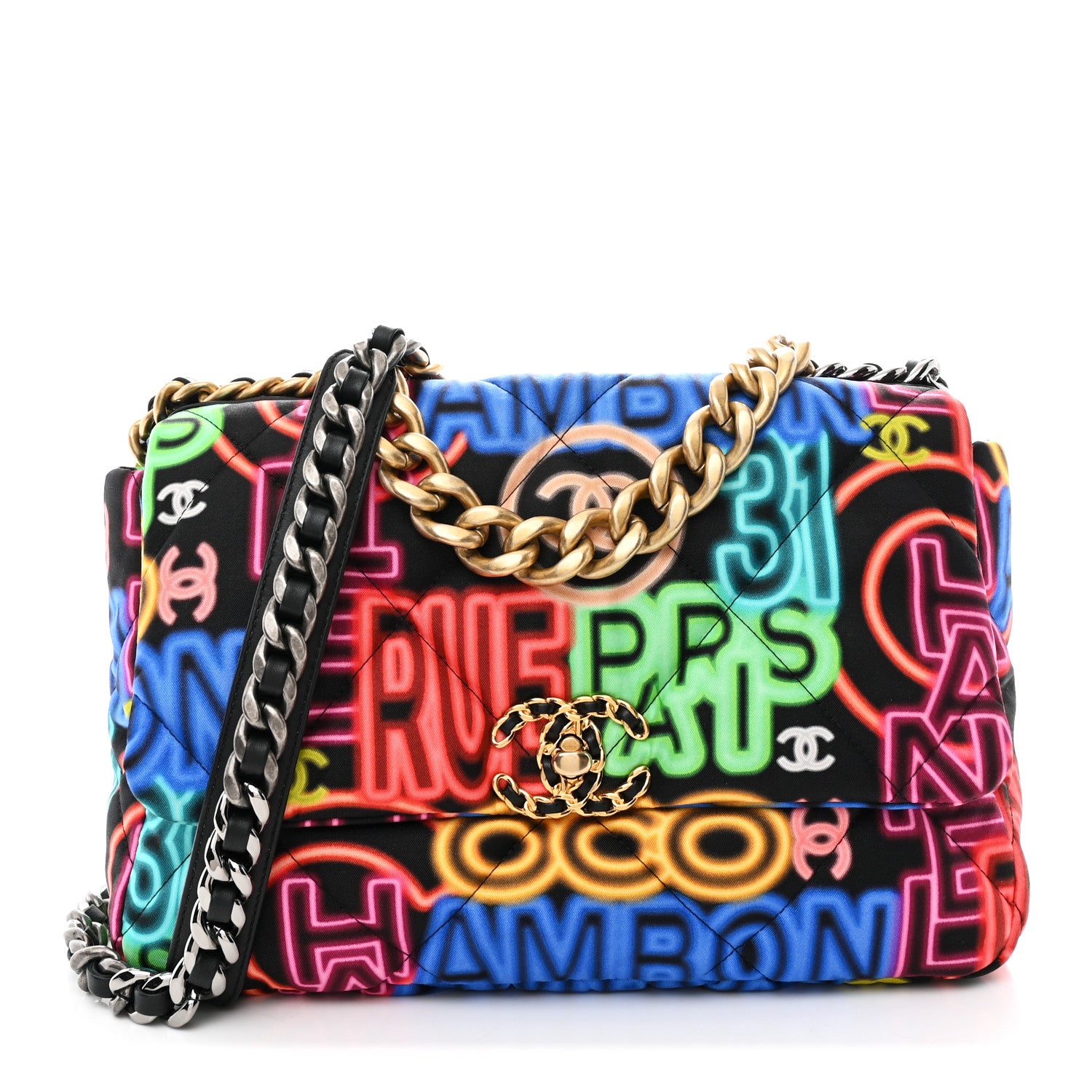 Chanel Fabric Printed Neon Graffiti Large Chanel 19 Flap Black Multicolor 1 of 10