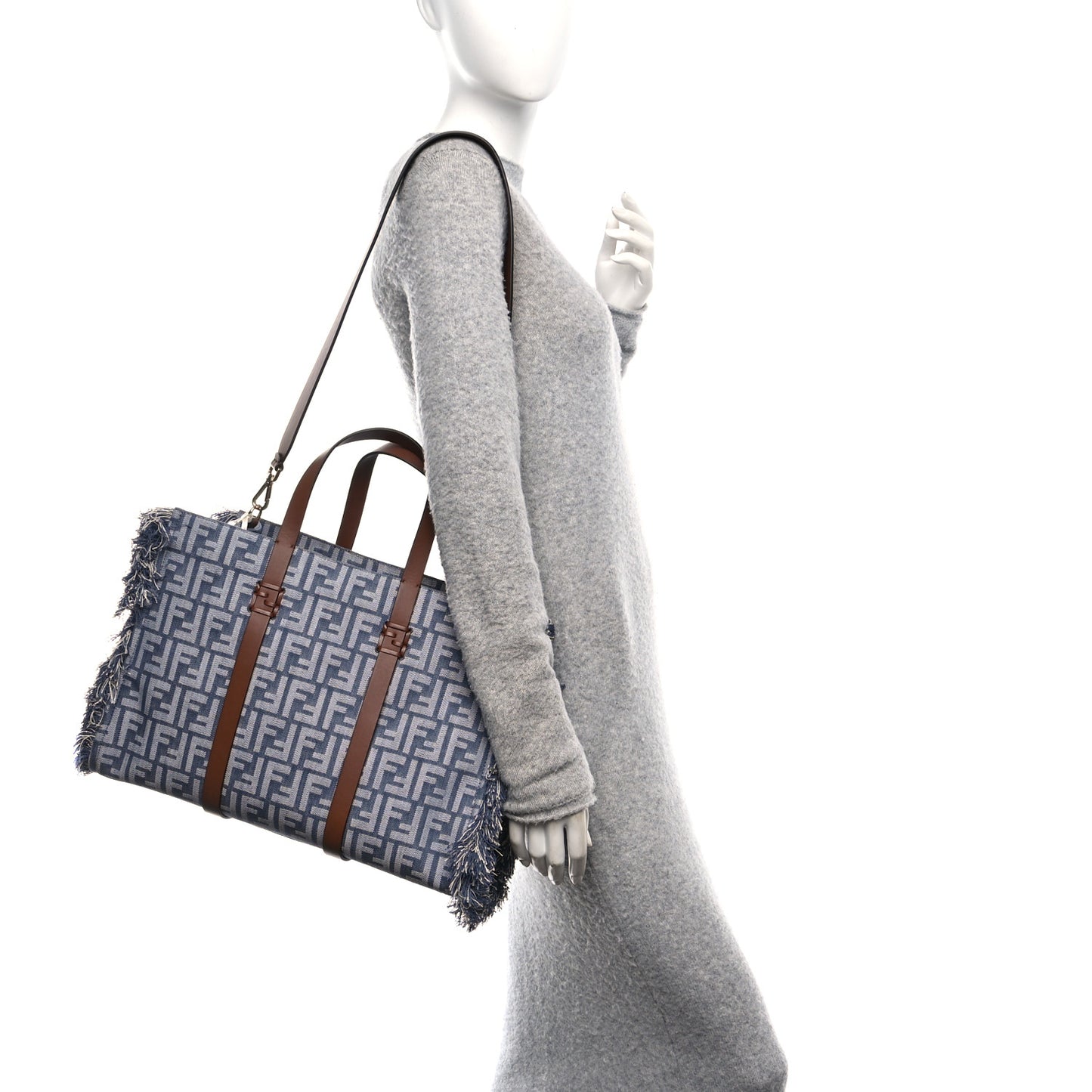 Denim Vitello King F is Fendi FF Embroidered Summer Tote Myrtle Dark Nut