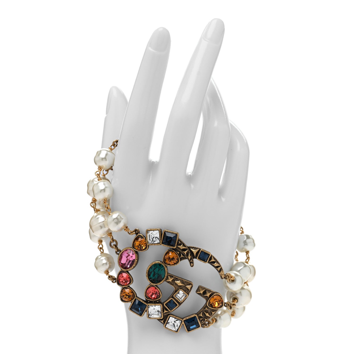 Gucci Metal Crystal Pearl Double G Bracelet Aged Gold Multicolor 2 of 4