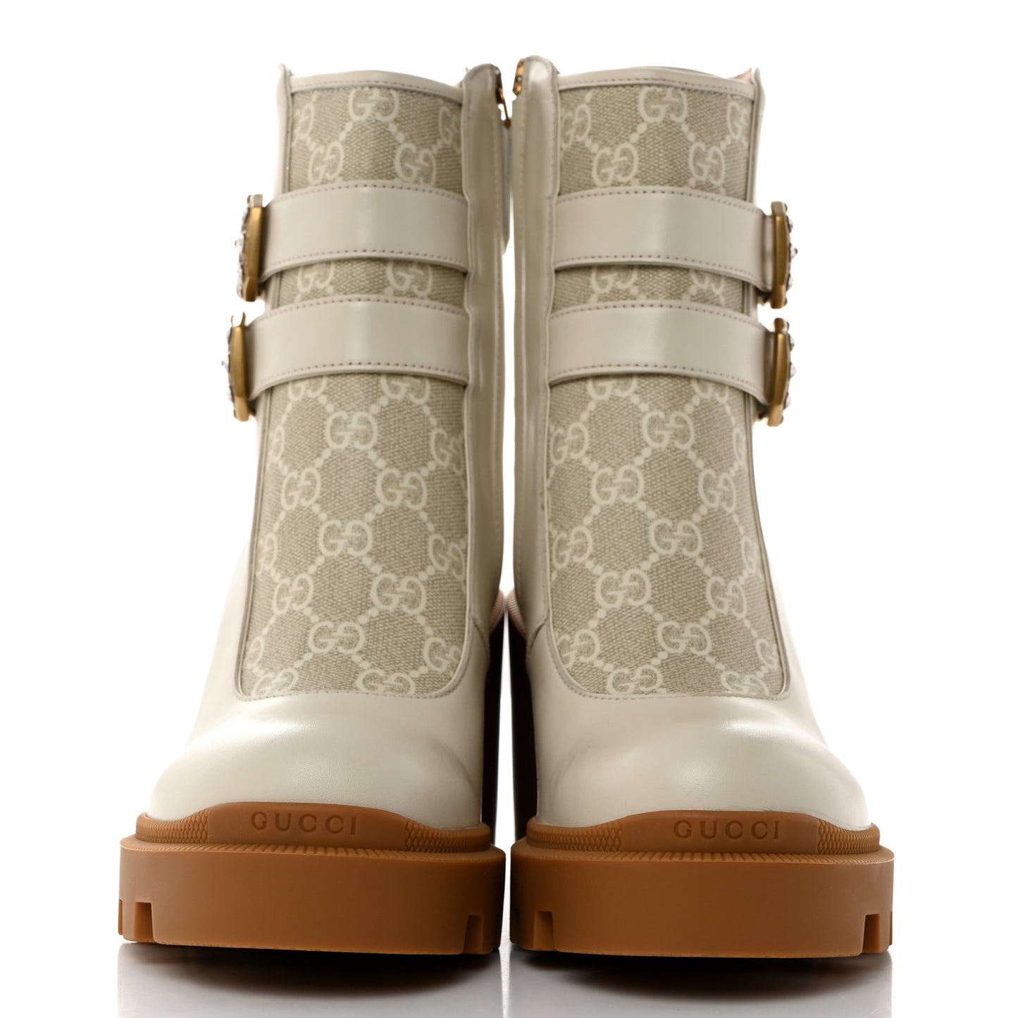 Kensington Calfskin Nappa GG Supreme Monogram Womens Double Buckle Ankle Boots 38 Mystic White Beige