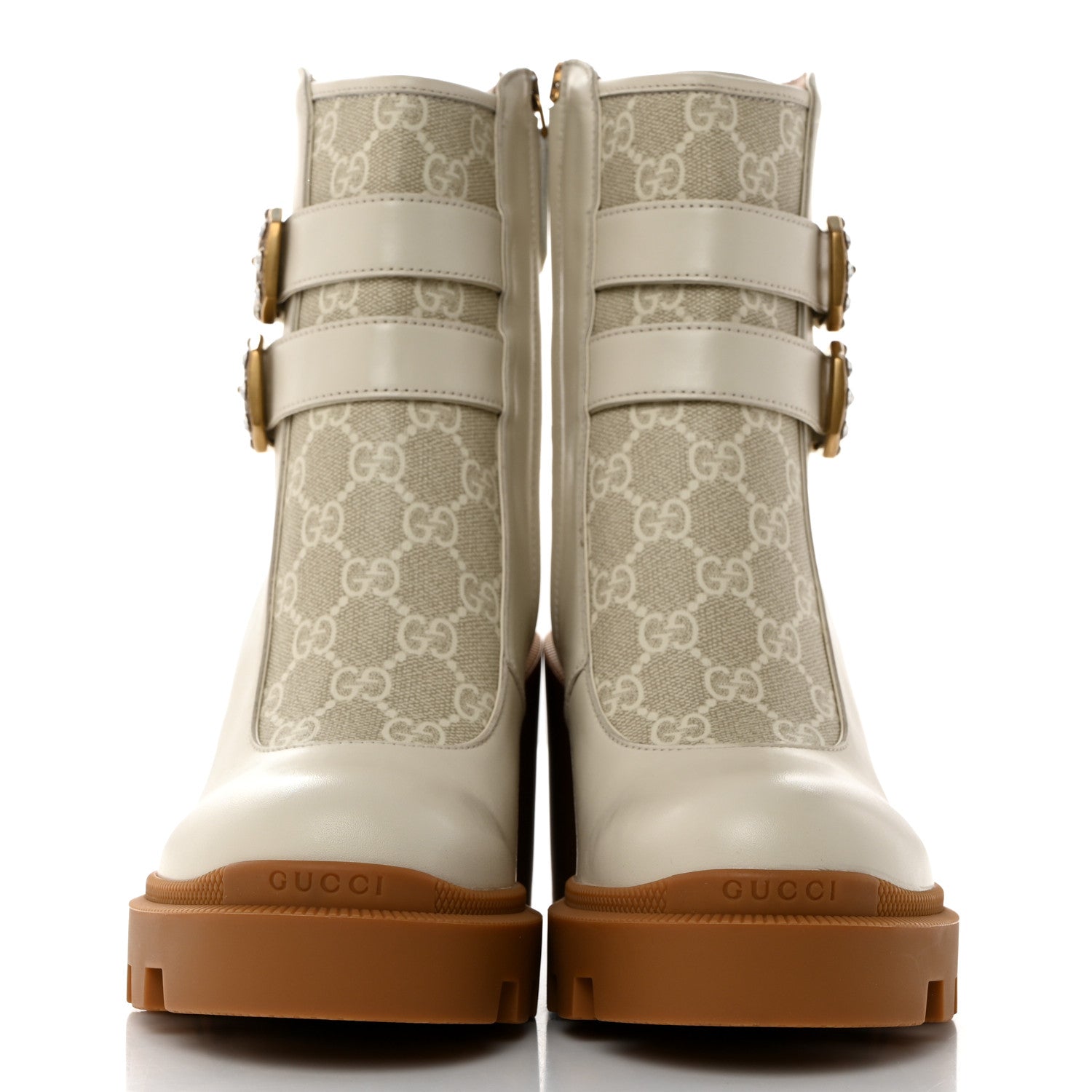 Gucci Kensington Calfskin Nappa GG Supreme Monogram Womens Double Buckle Ankle Boots 38 Mystic White Beige 2 of 9